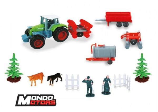 MONDO - Farm-Set 1:72, Traktor mit 4 Anhängern und Zubehör